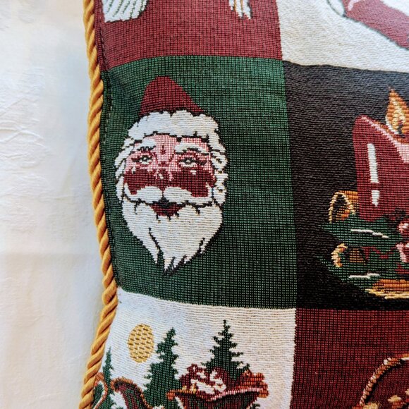 VTG Christmas Tapestry Throw Pillow Gold Trim Santa Tree Dove Stockings Horse - Picture 2 of 5